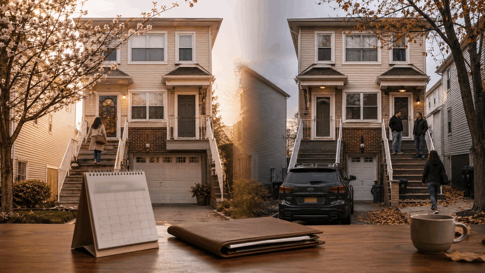 North Jersey two-family home shown first as an owner-occupied residence and later as an income-producing rental property with separate tenant entrances.