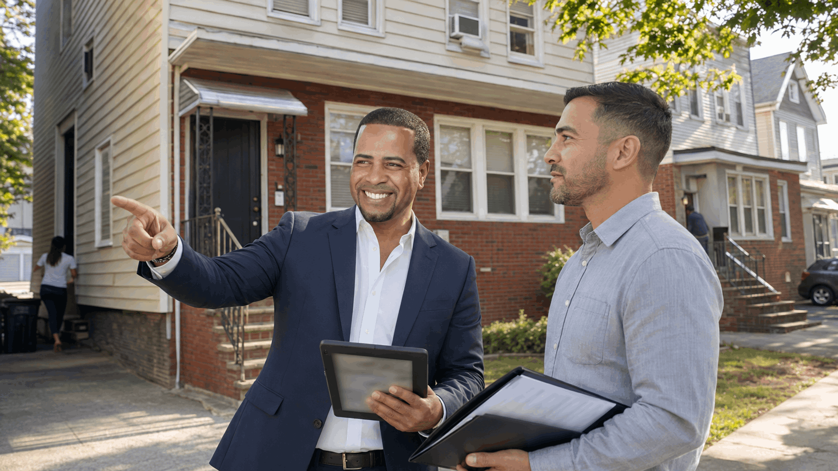 Johnny Rodriguez guides an investor buyer outside an occupied North Jersey two-family home while reviewing a lease folder and showing schedule.