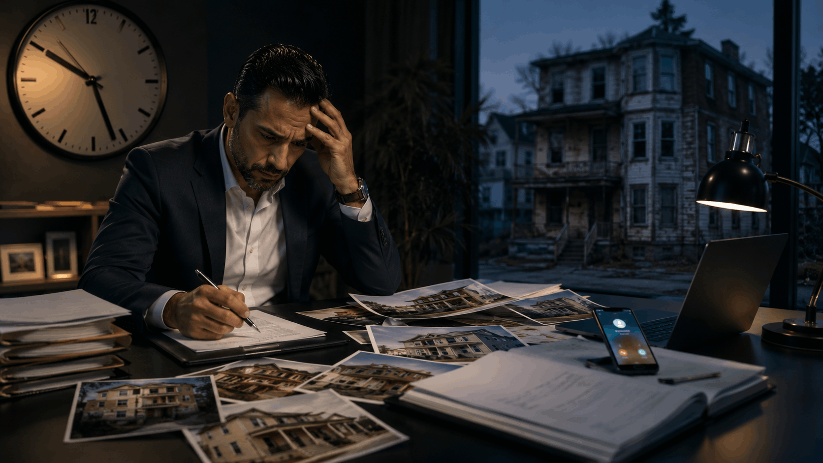 Concerned North Jersey real estate investor reviews unsuitable multifamily properties under deadline pressure with an urgent phone call and incomplete financing documents.