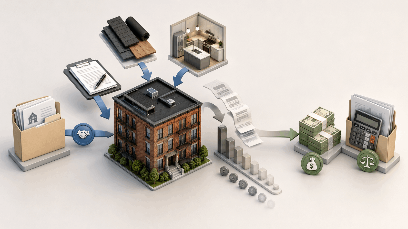 Isometric 3D illustration of a North Jersey multifamily rental property showing adjusted basis, improvements, depreciation, and sale proceeds flow.