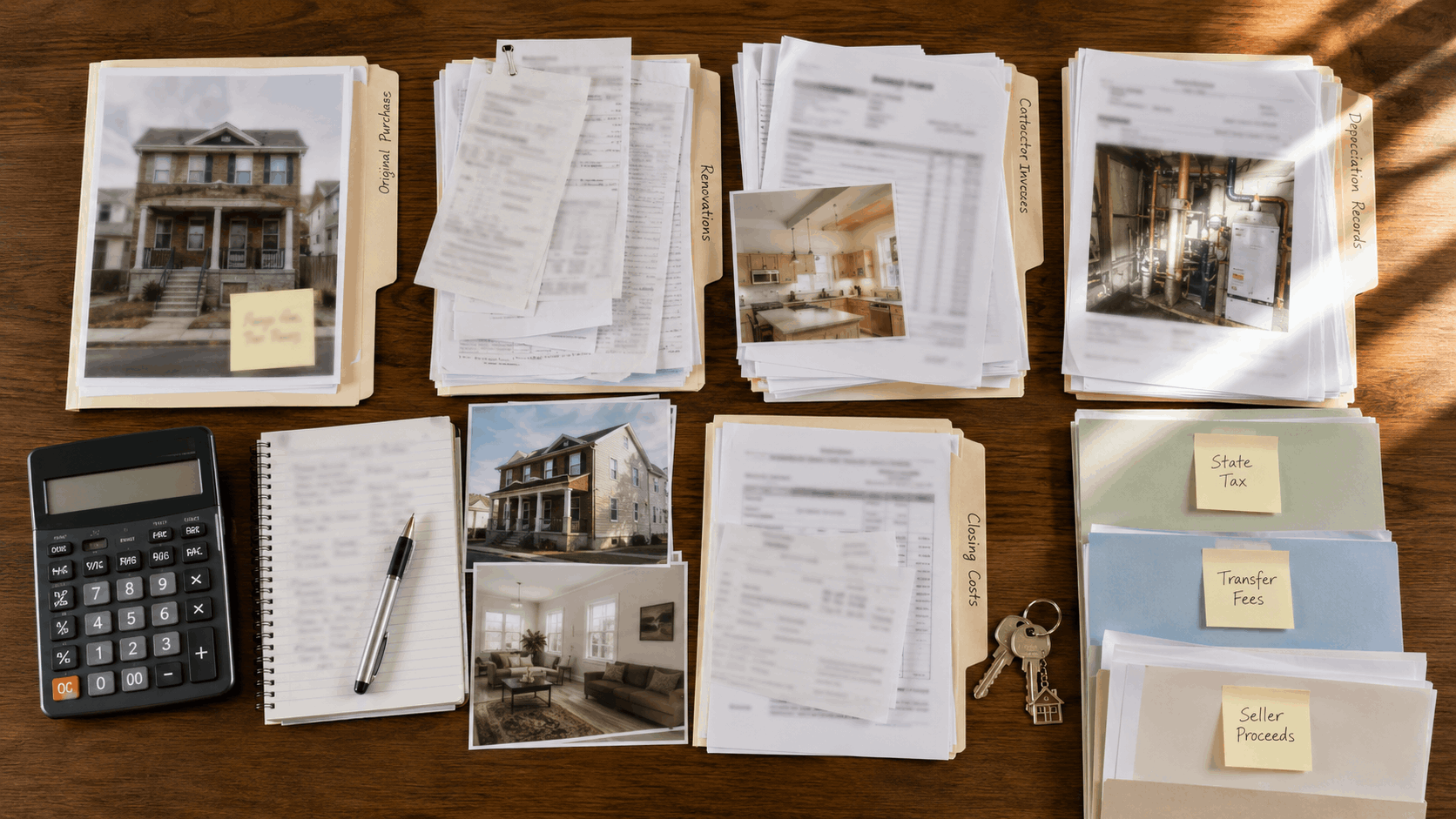 Overhead view of a landlord’s organized rental property records, renovation invoices, depreciation documents, closing costs, calculator, property photos, and house keys.