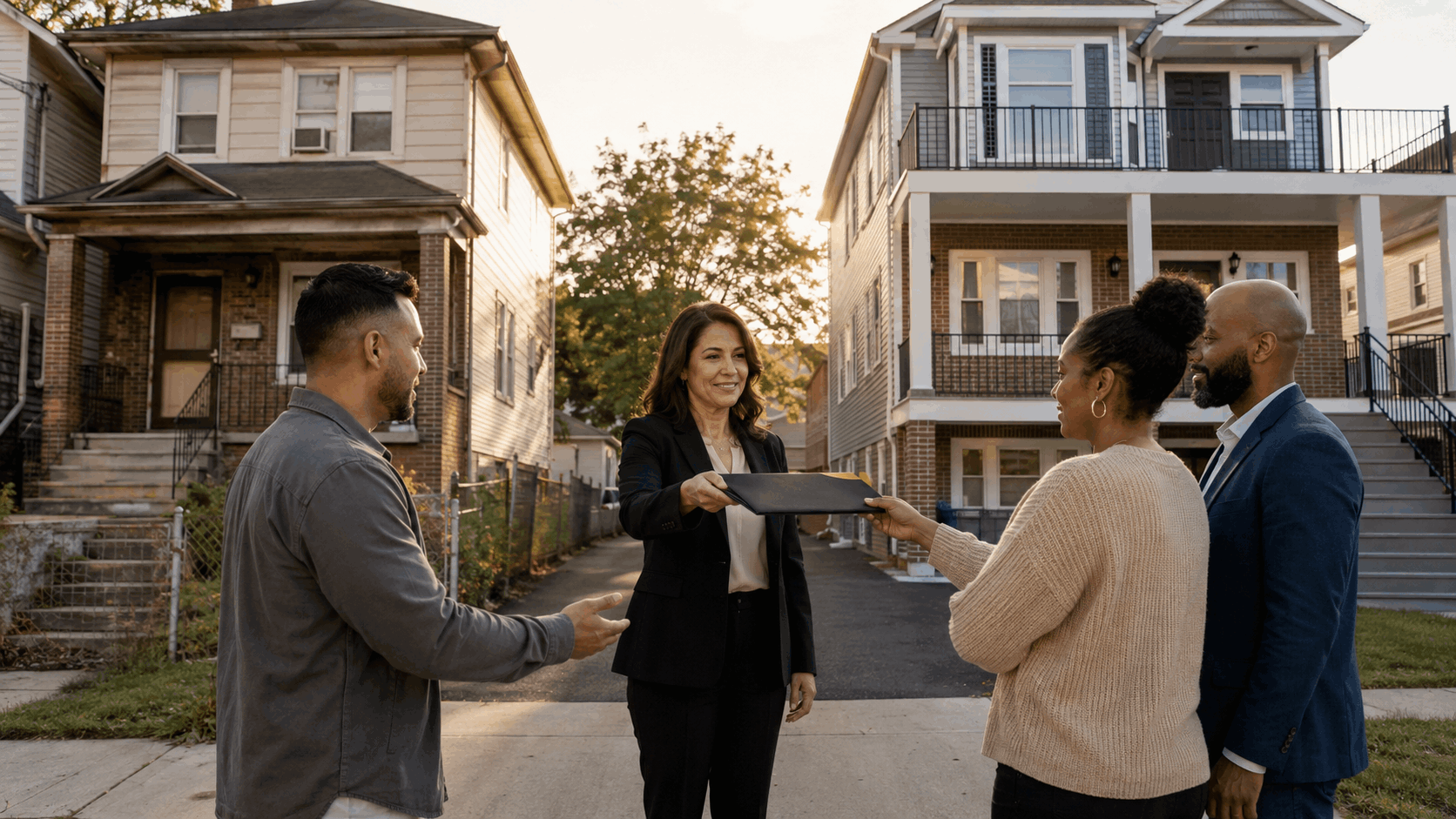 Qualified intermediary transfers a closing folder between sellers and buyers as a North Jersey two-family property transitions into a larger four-family investment property.