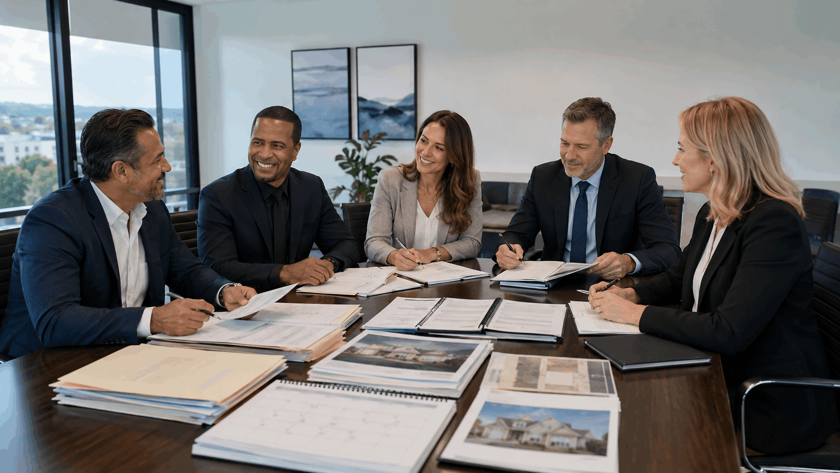 Johnny Rodriguez meets with a North Jersey landlord, CPA, attorney, and qualified intermediary in a bright office to review rental property records, valuation documents, a calendar, and replacement property photos before listing the property.