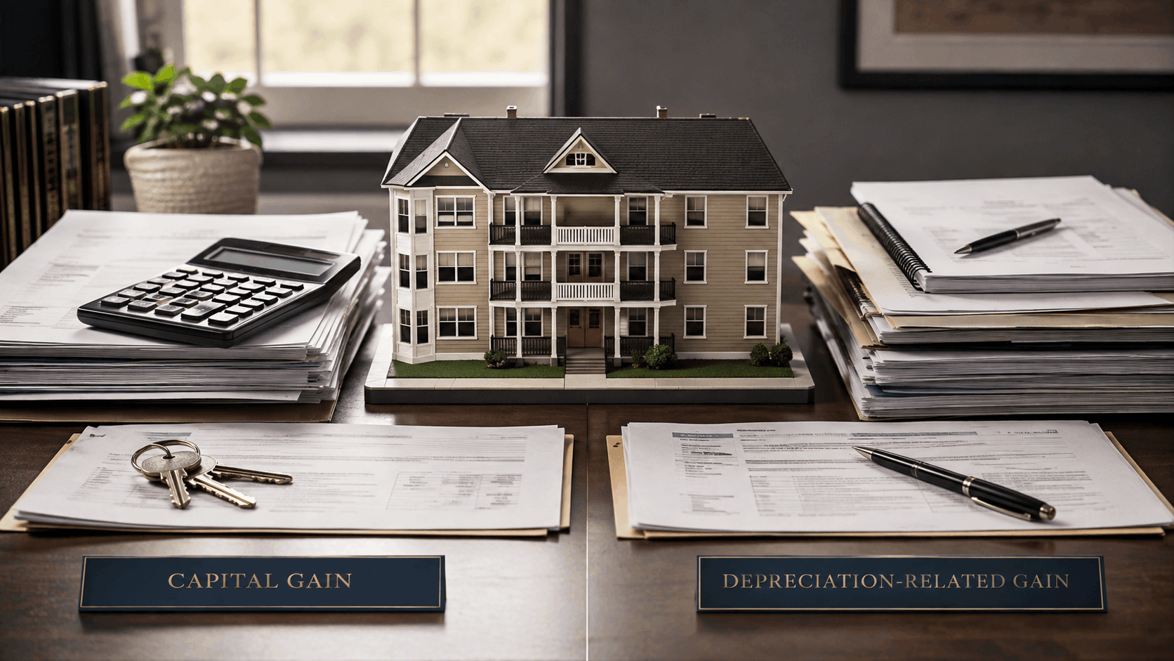 Layered editorial image of a North Jersey multifamily rental property model with a calculator, closing statement, property records, renovation invoices, and organized tax documents illustrating capital gains and depreciation-related gain.