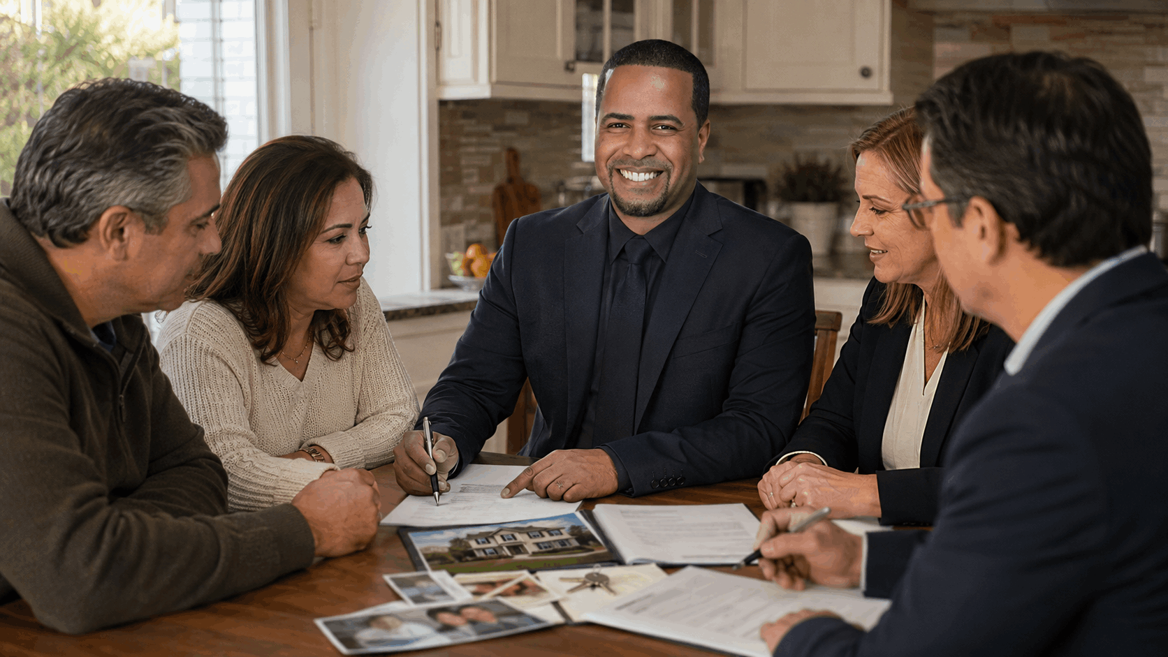 Real estate professional consults with family members, an estate attorney, and a CPA at a kitchen table about an inherited North Jersey rental property, with appraisal papers, keys, and family photos in view.