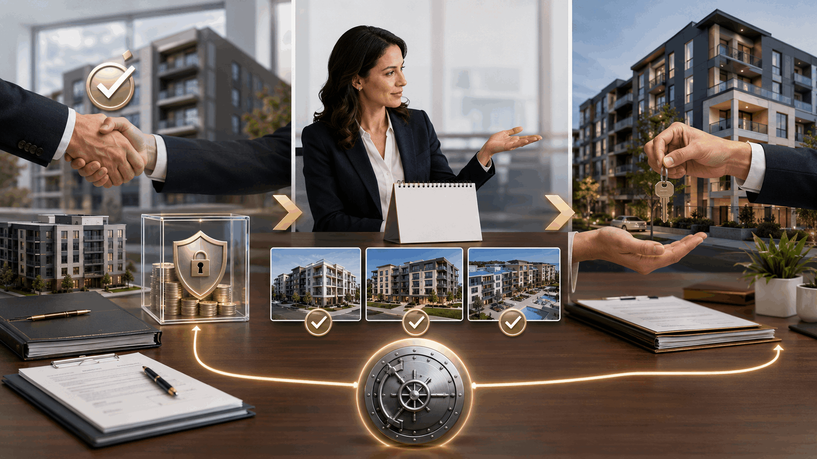 Visual timeline of a New Jersey rental property 1031 exchange showing the closing, replacement property selection, protected sale proceeds, and final key handoff for a multifamily investment.