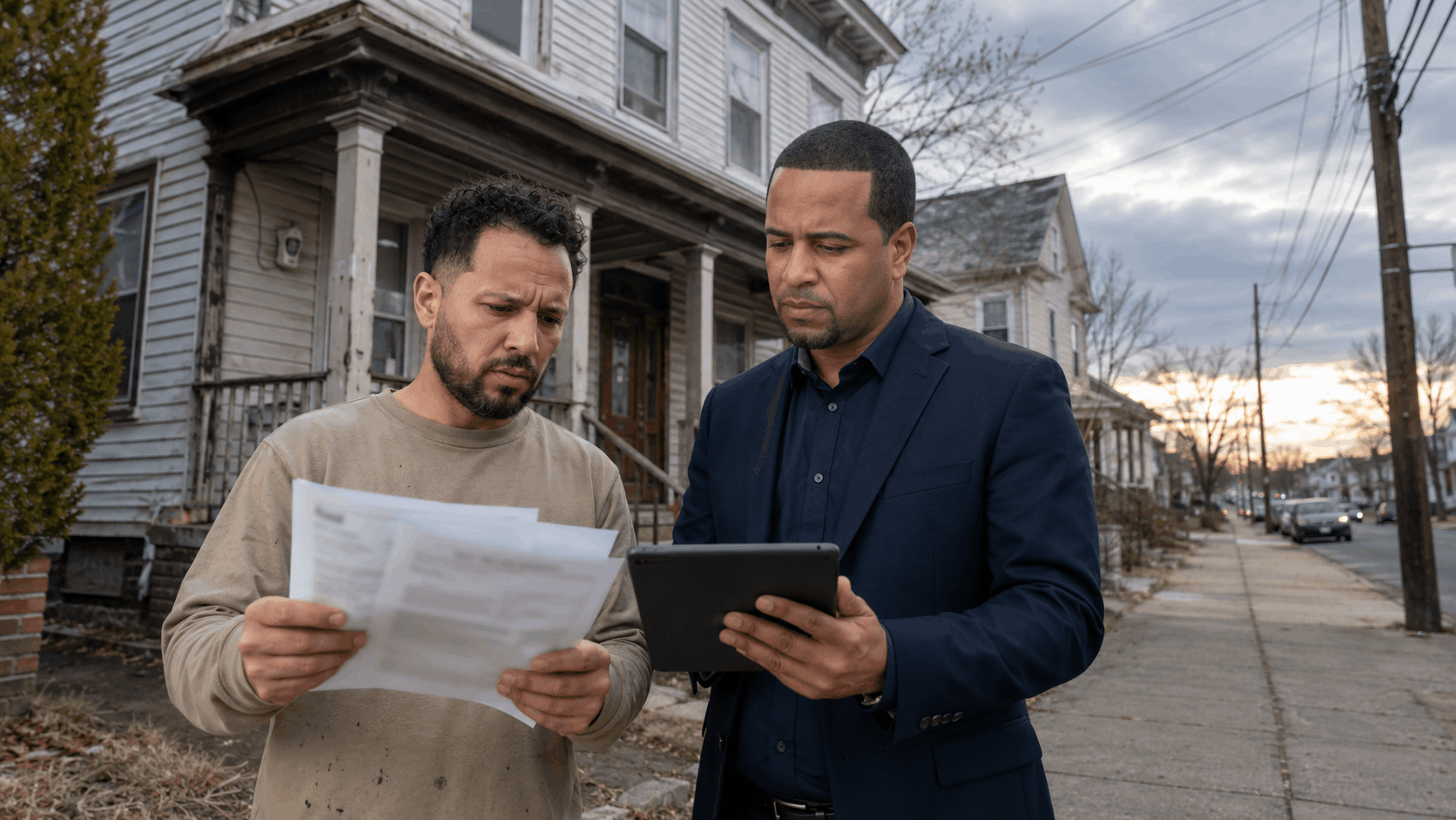 Johnny Rodriguez reviews repair estimates and sale options with a concerned North Jersey landlord outside a dated multifamily rental property.