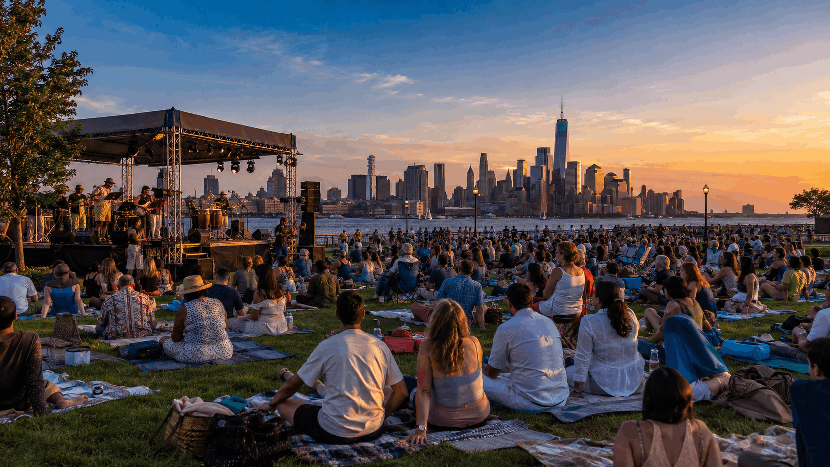 Crowds relax on blankets and folding chairs at a free outdoor concert in Liberty State Park, with a live band performing at sunset and the Lower Manhattan skyline across the water.