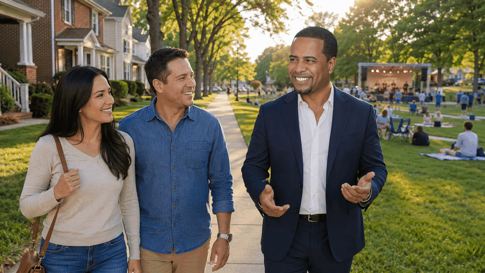 Real estate agent walking with a North Jersey homebuyer couple through a tree-lined neighborhood near a community park and outdoor music event.