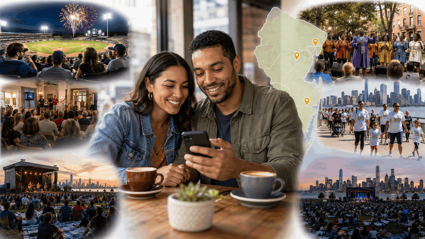 North Jersey couple reviews weekend activities on a smartphone, including baseball, fireworks, live music, arts events, and a waterfront walk.