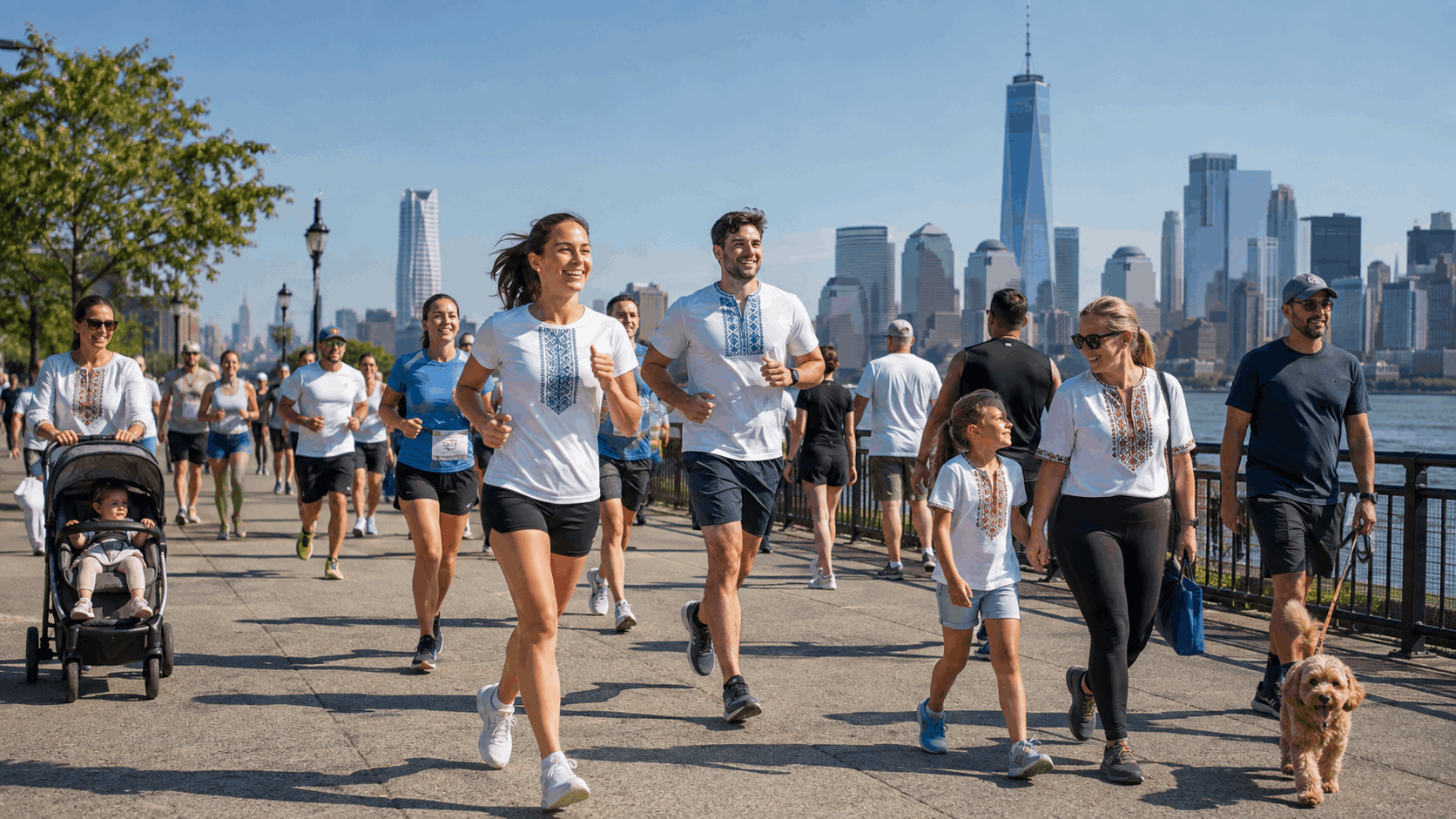 Runners and families join a charity walk along the Jersey City waterfront with the Lower Manhattan skyline.