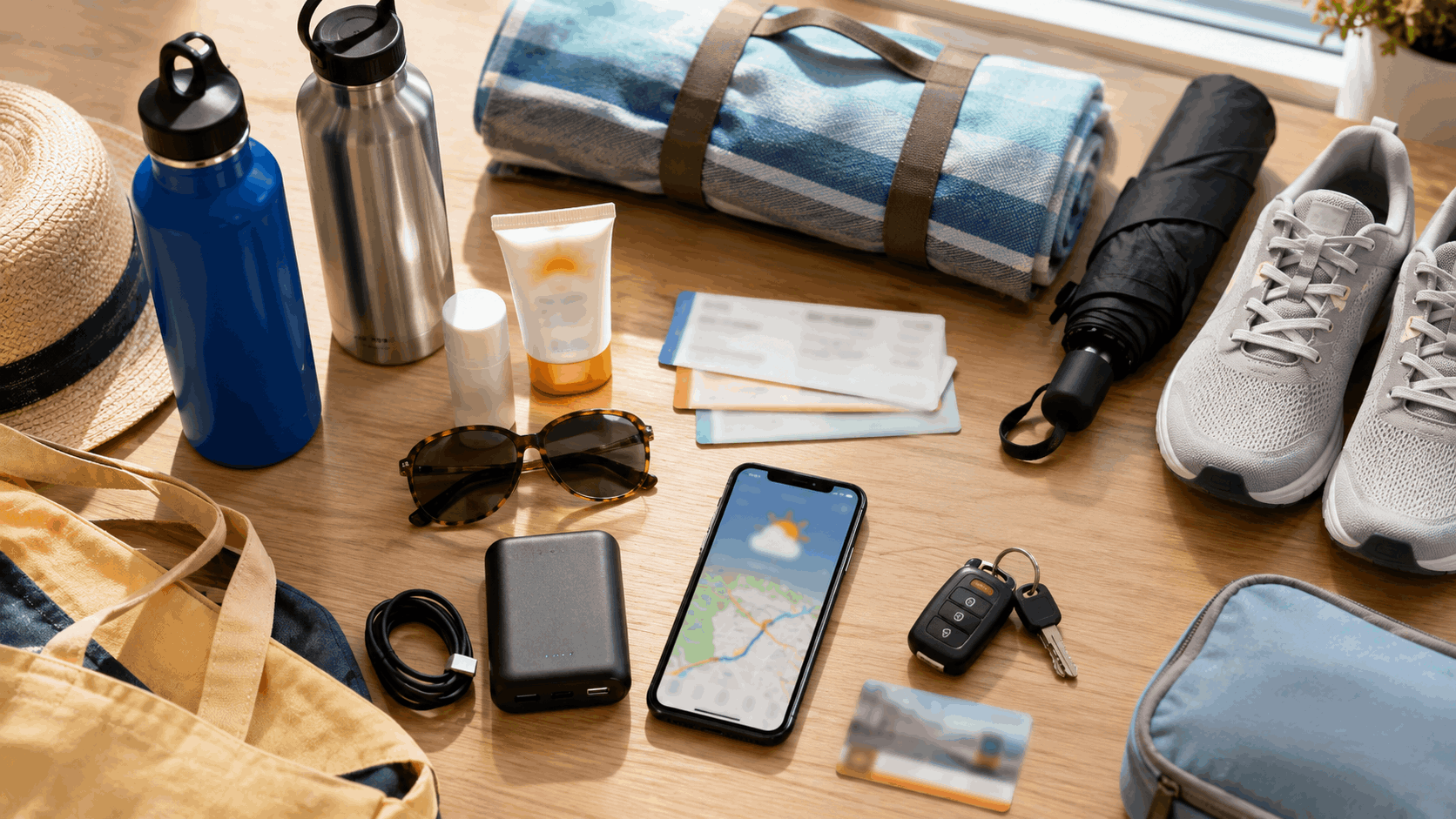 Flat-lay of North Jersey summer weekend essentials on a wooden table, including water bottles, sunscreen, sunglasses, blanket, charger, shoes, umbrella, tickets, keys, transit card, and smartphone.