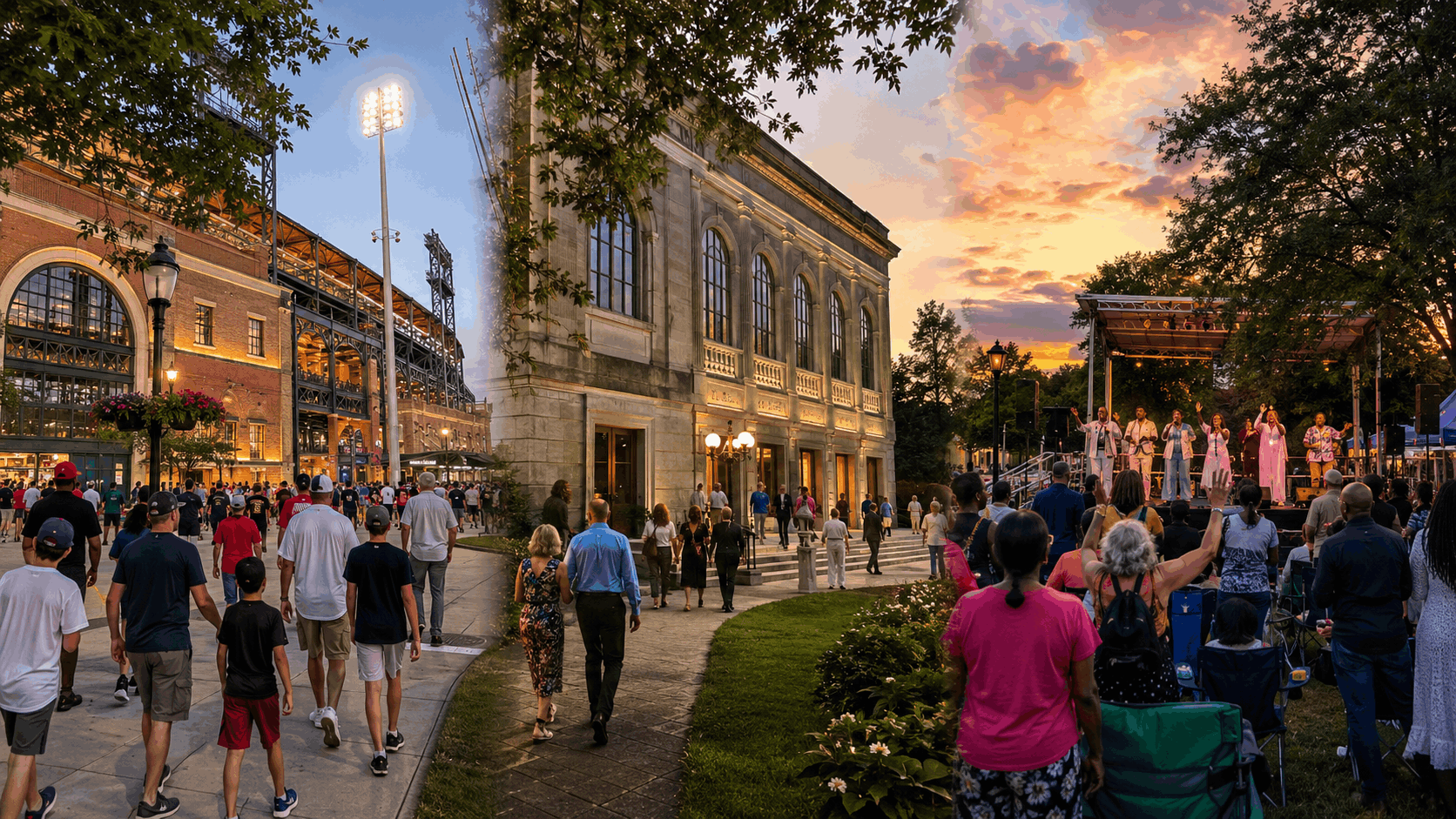 North Jersey Saturday events featuring a baseball stadium, historic arts center, and outdoor gospel celebration at sunset.