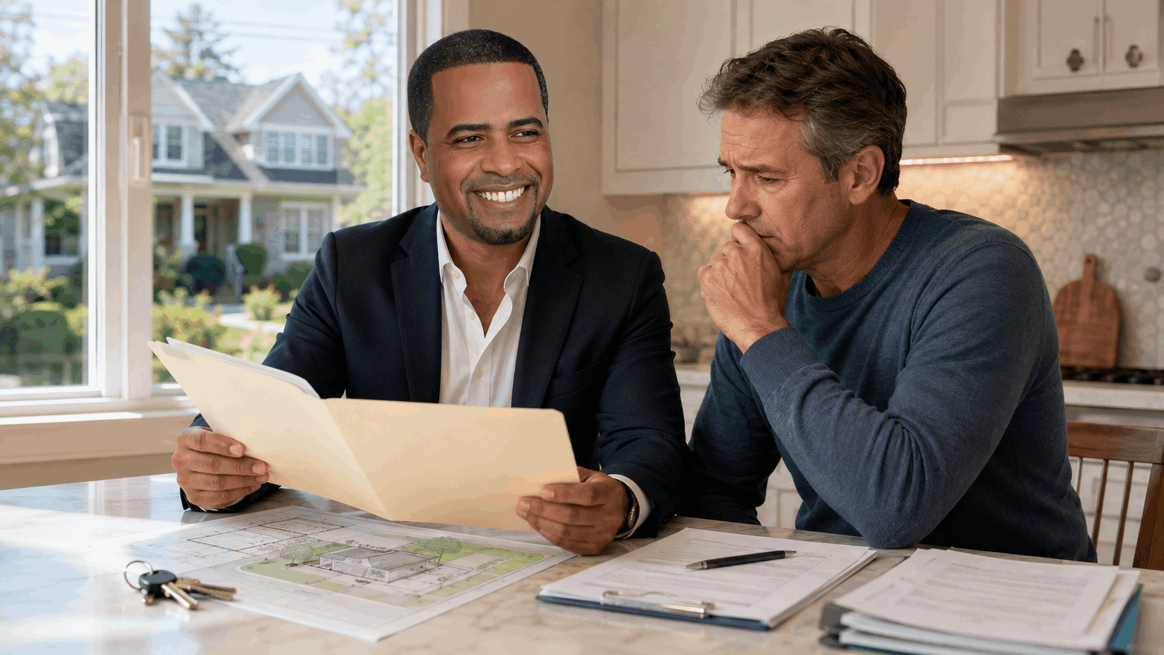Johnny Rodriguez reviews permit paperwork and a property survey with a concerned North Jersey homeowner at a kitchen table, with house keys and inspection documents in view.
