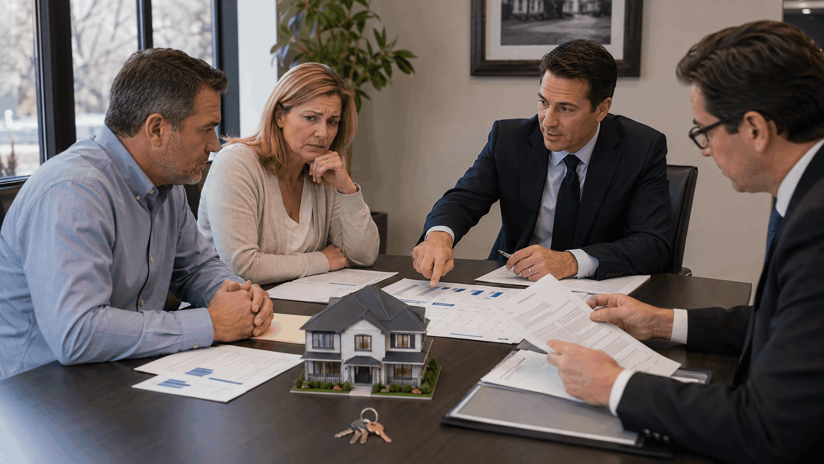 Seller, buyer, attorney, and real estate agent negotiate an unresolved permit using repair estimates, escrow documents, and a closing calendar, with house keys and a model home on the table.