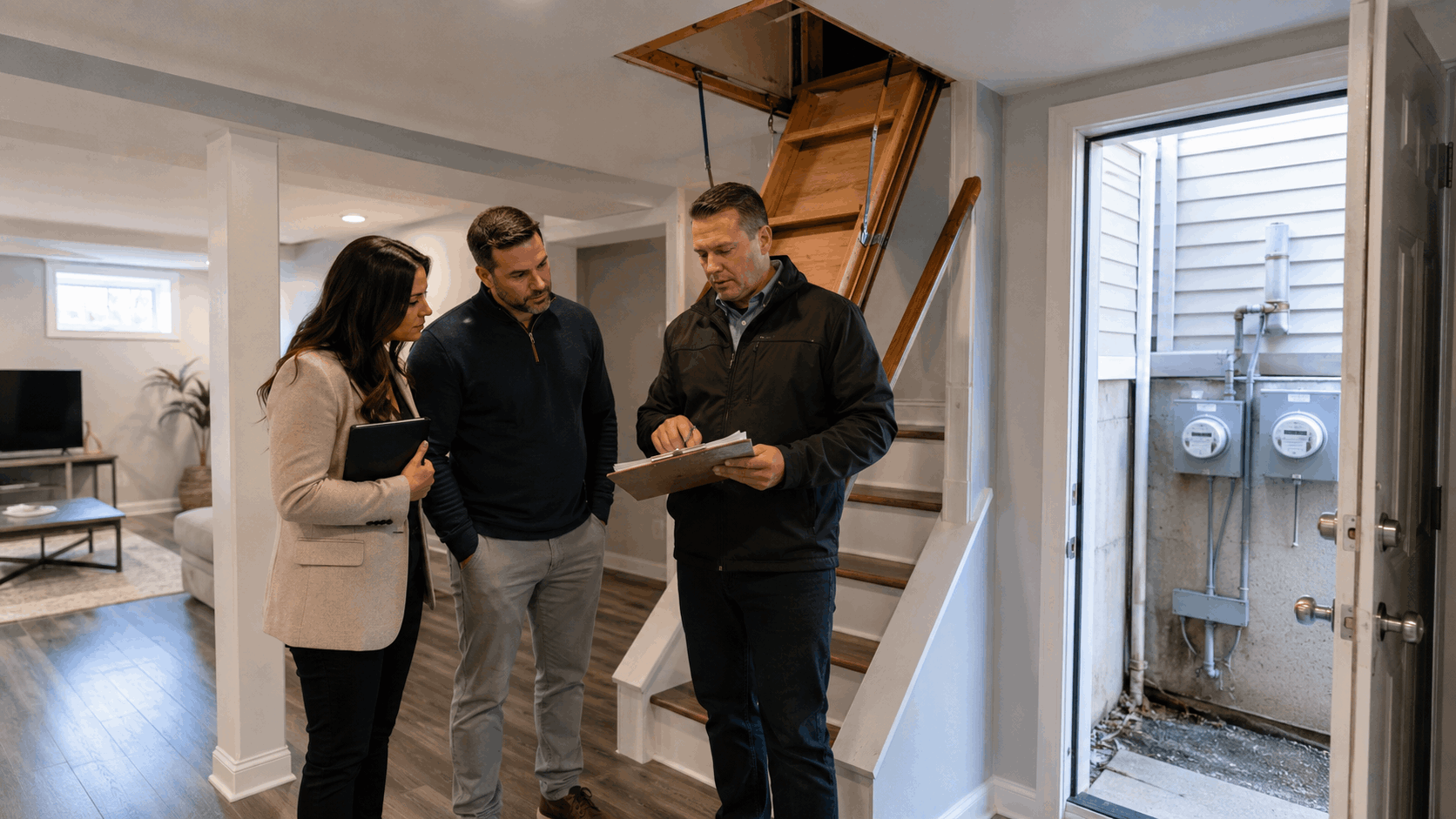 Municipal construction official inspects a finished North Jersey basement with the homeowner and real estate professional, reviewing floor plans, attic stairs, separate entrance, and utility meters.