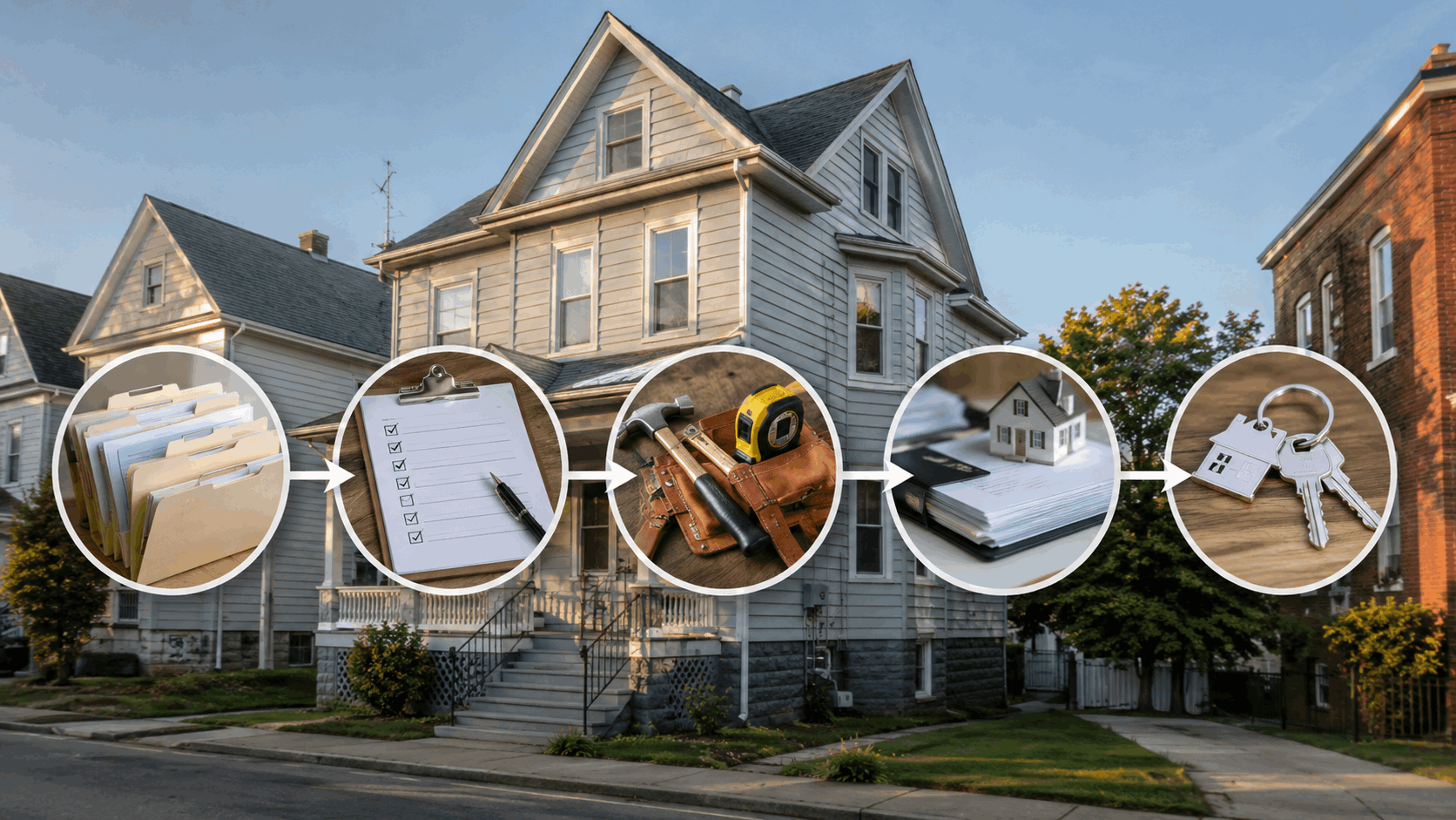 North Jersey home with a visual sequence showing permit files, inspection checklist, contractor tools, mortgage documents, and closing keys.