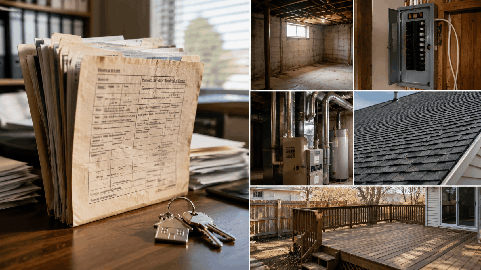 Old construction permit folder and house keys beside images of an unfinished basement, electrical panel, furnace, roof shingles, and backyard deck.