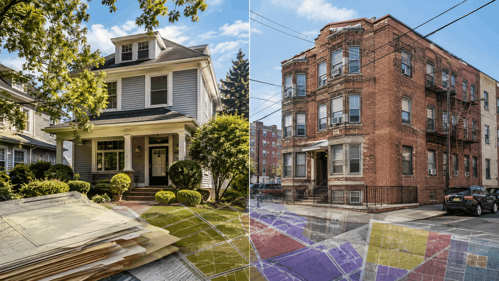 Split-screen view of a well-maintained Clifton home and a classic Paterson brick multifamily property with permit folders and zoning maps in the foreground.