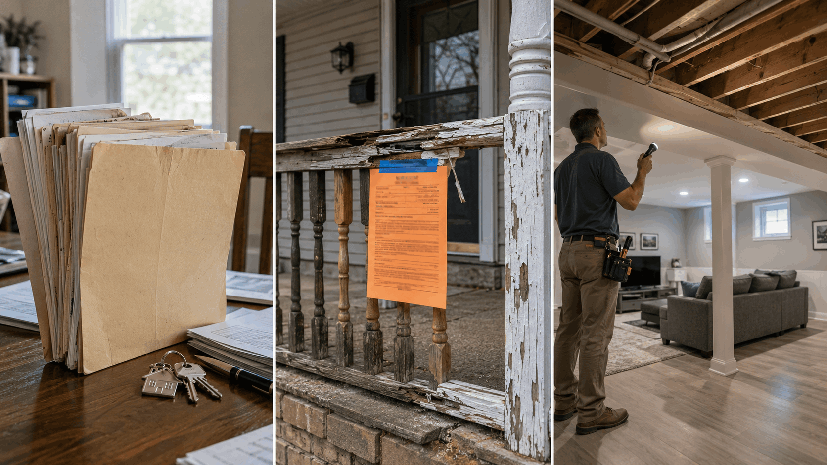Three-panel comparison showing an open permit folder, a violation notice on a damaged porch railing, and an inspector reviewing an unpermitted finished basement in a North Jersey home.