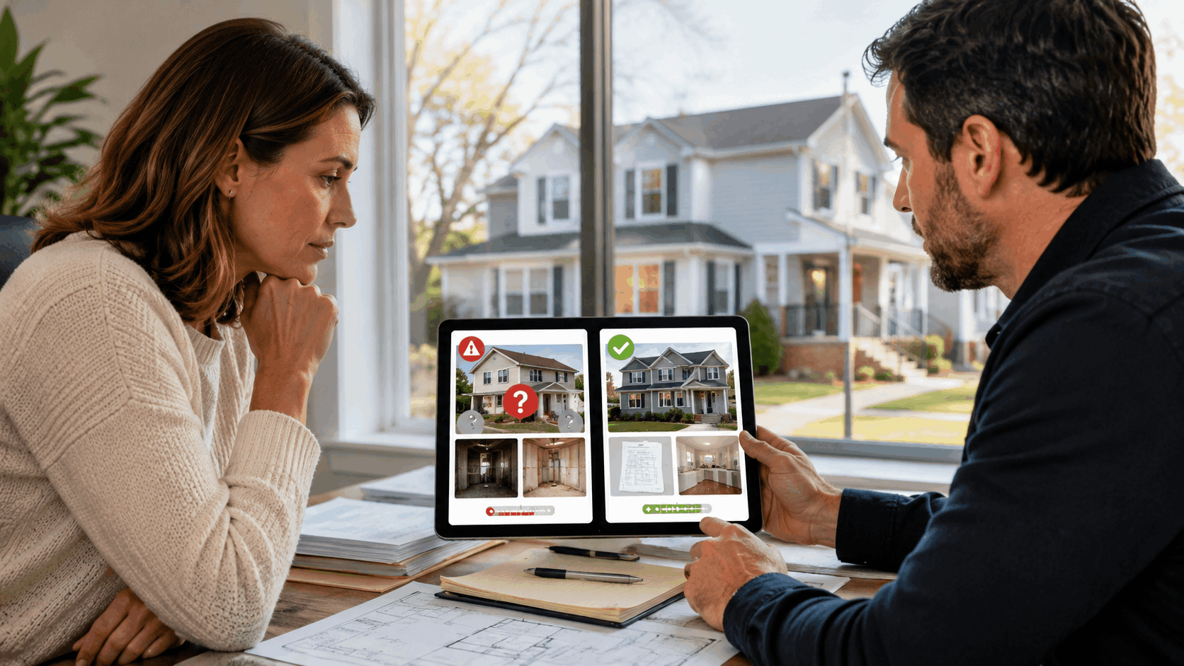 North Jersey homeowner and buyer compare property-value scenarios on a tablet, showing unresolved permit risks versus organized permits, approved plans, and a stronger offer.