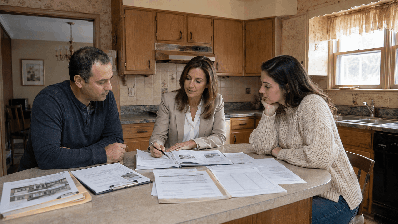Homeowner, buyer, and real estate professional review an inspection report, permit file, and repair estimates at a dated North Jersey kitchen island during an as-is home sale consultation.