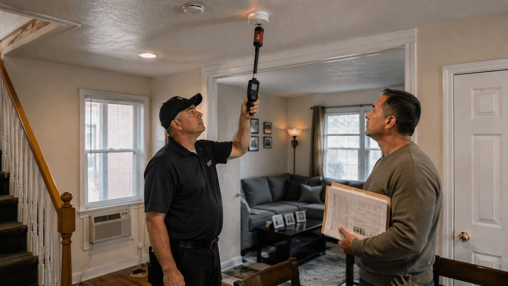 New Jersey fire inspector tests a ceiling-mounted smoke and carbon monoxide detector while a homeowner observes with property documents inside a two-family home.
