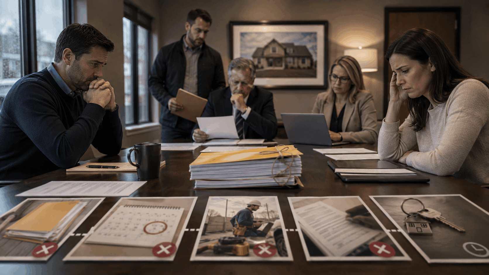 Worried seller and buyer sit at a New Jersey closing table as open permit issues, inspection delays, contractor work, and lender review interrupt the home sale timeline.