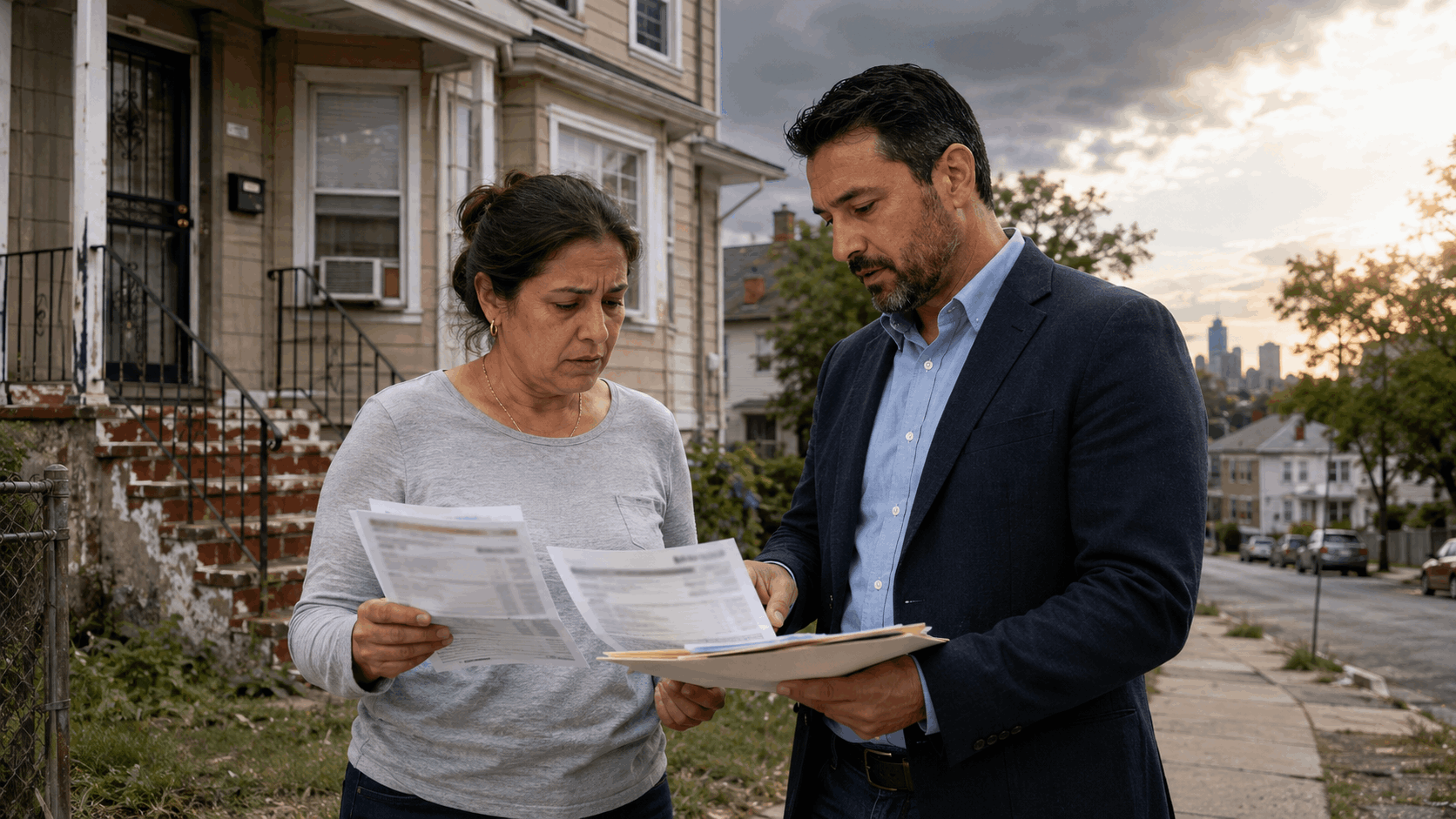 Concerned North Jersey homeowner reviews a mortgage statement, violation notice, and repair estimates with a real estate professional outside a dated home under a brightening sky.
