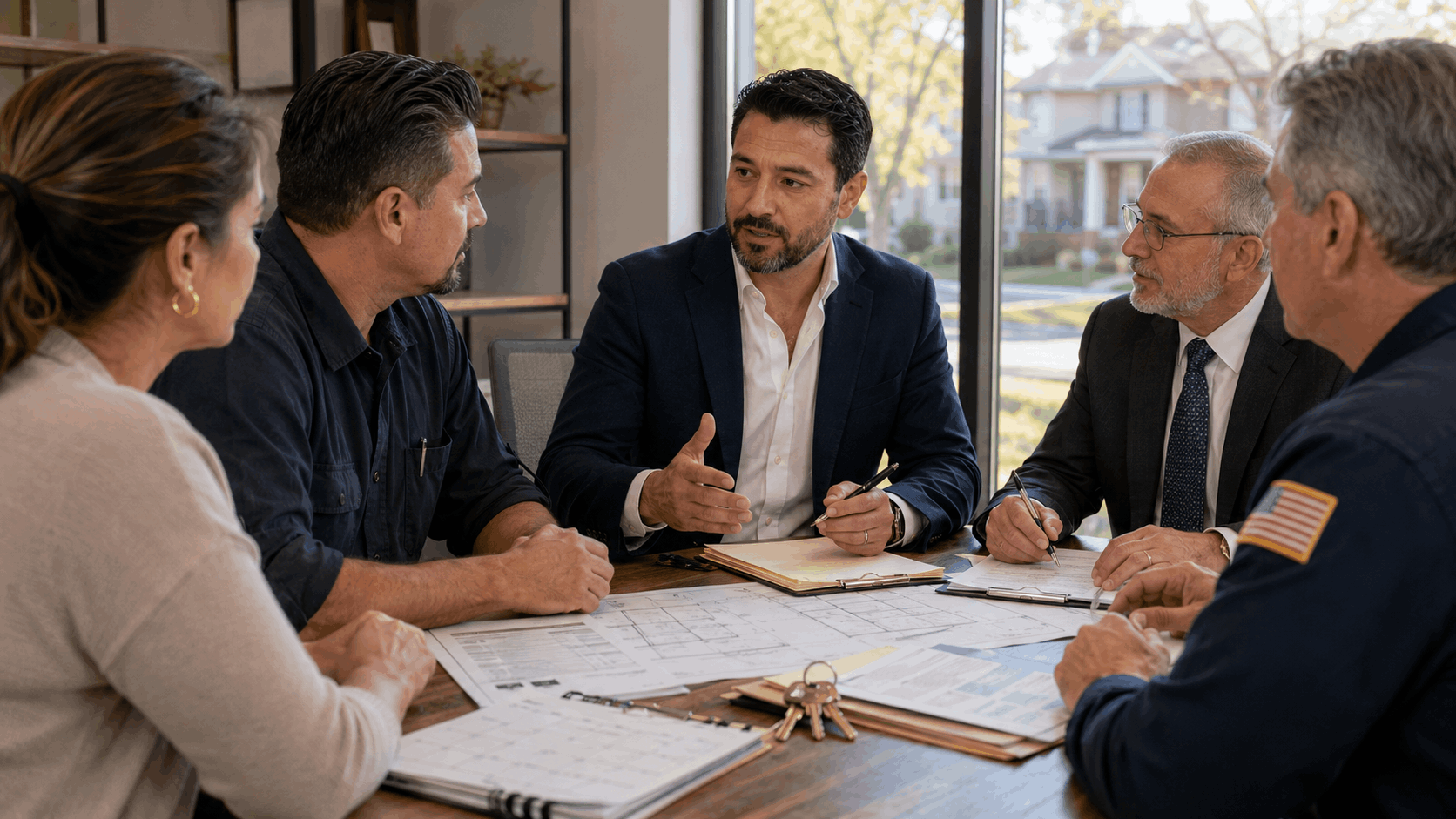 Johnny Rodriguez leads a North Jersey property-sale meeting with a homeowner, municipal inspector, contractor, and real estate attorney reviewing permits, repair plans, and house keys.