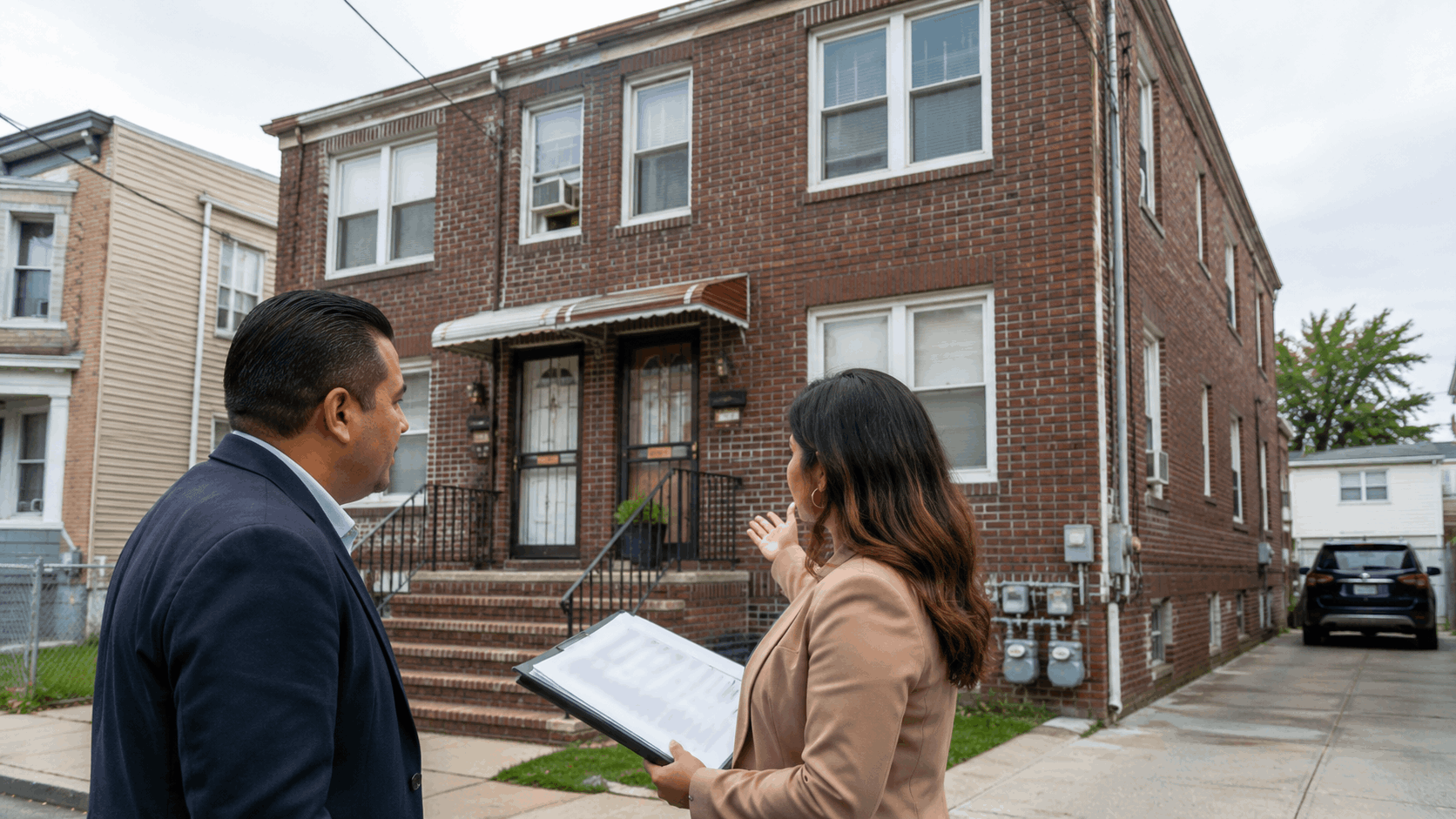 Passaic, NJ homebuyer and real estate professional review a classic brick two-family home with separate entrances, utility meters, and driveway.