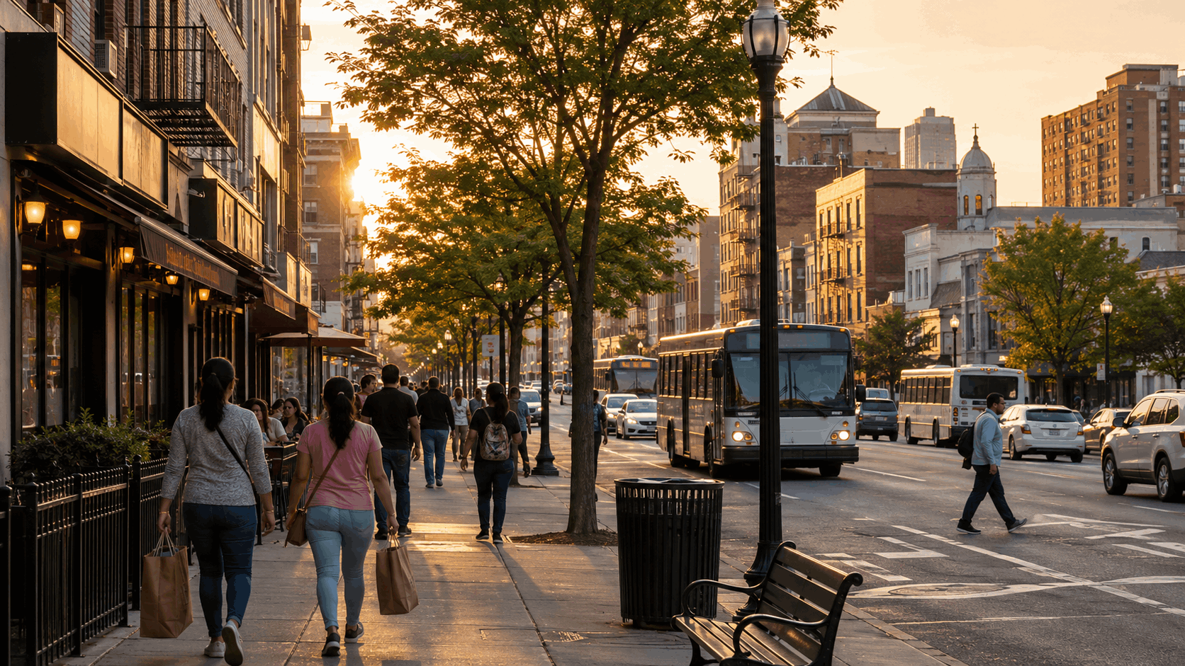 Golden-hour streetscape of Main Avenue in Passaic, NJ, with local shops, restaurants, buses, pedestrians carrying shopping bags, apartment buildings, and a lively commercial corridor.