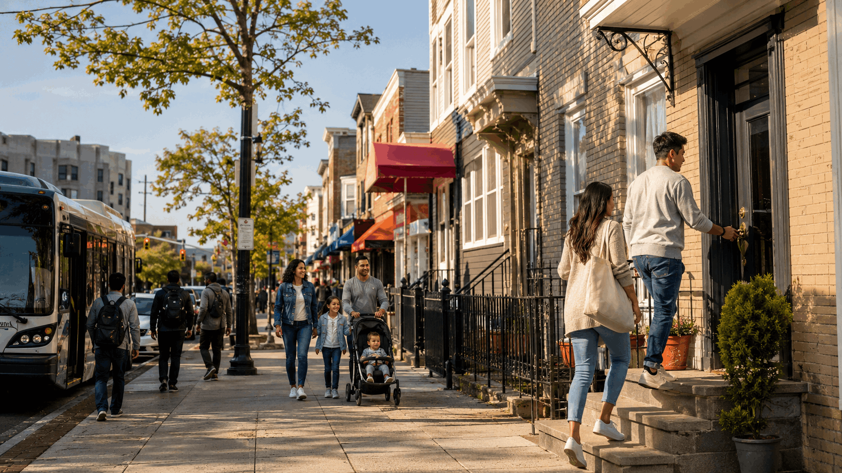 Diverse residents enjoy daily life on a Passaic, NJ street as commuters head toward public transportation, a family walks past local shops, and a young couple enters a two-family home in bright morning light.
