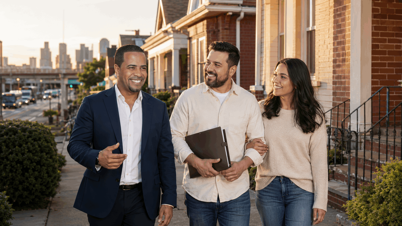 Johnny Rodriguez walks with a homebuyer couple along a Passaic, NJ residential block at golden hour, with brick homes and a nearby transit corridor in the background.