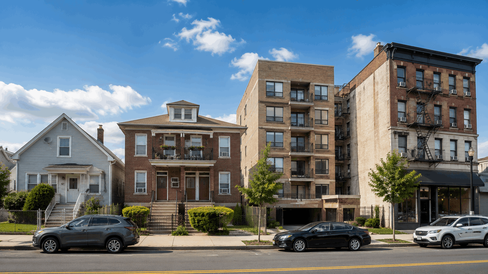 Passaic, NJ streetscape featuring a detached single-family home, brick two-family house, condominium building, and mixed-use property with apartments above a storefront.