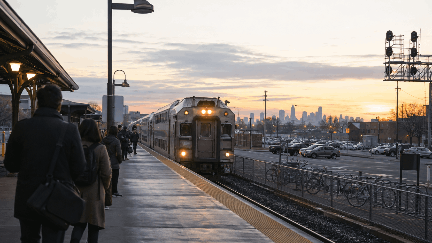 Morning commuters wait at Passaic Station as a train arrives at the platform, with bike racks, station parking, and the distant Manhattan skyline at sunrise.