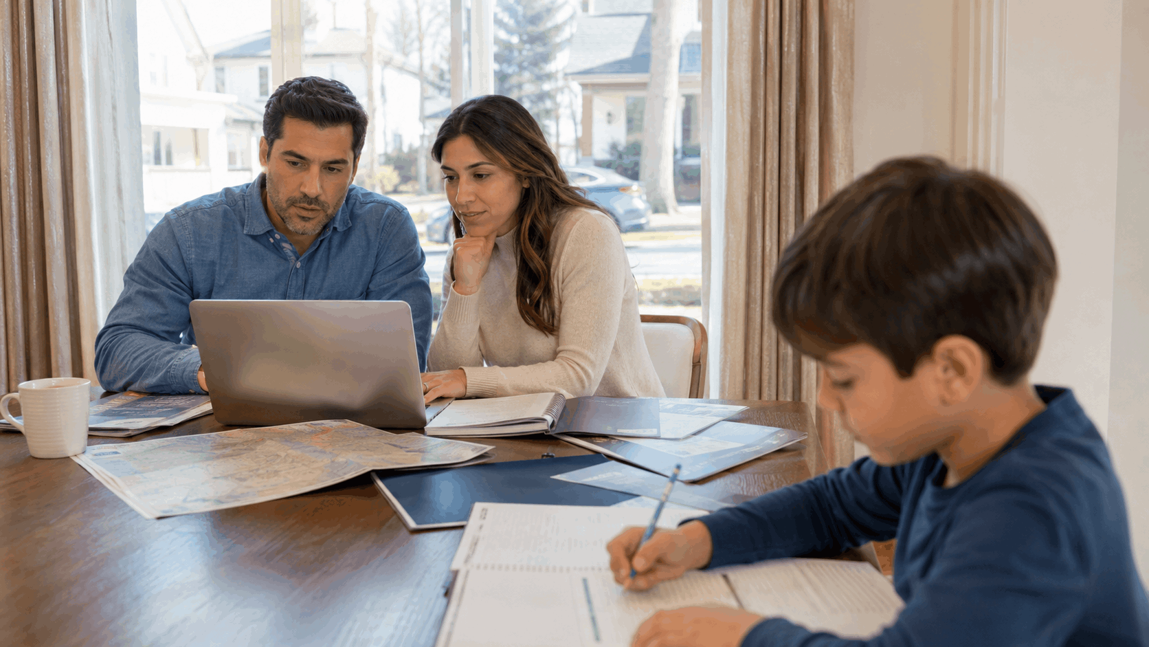 North Jersey parents research school options in Passaic, NJ at a dining table with a laptop, district map, and folders while their child does homework nearby.