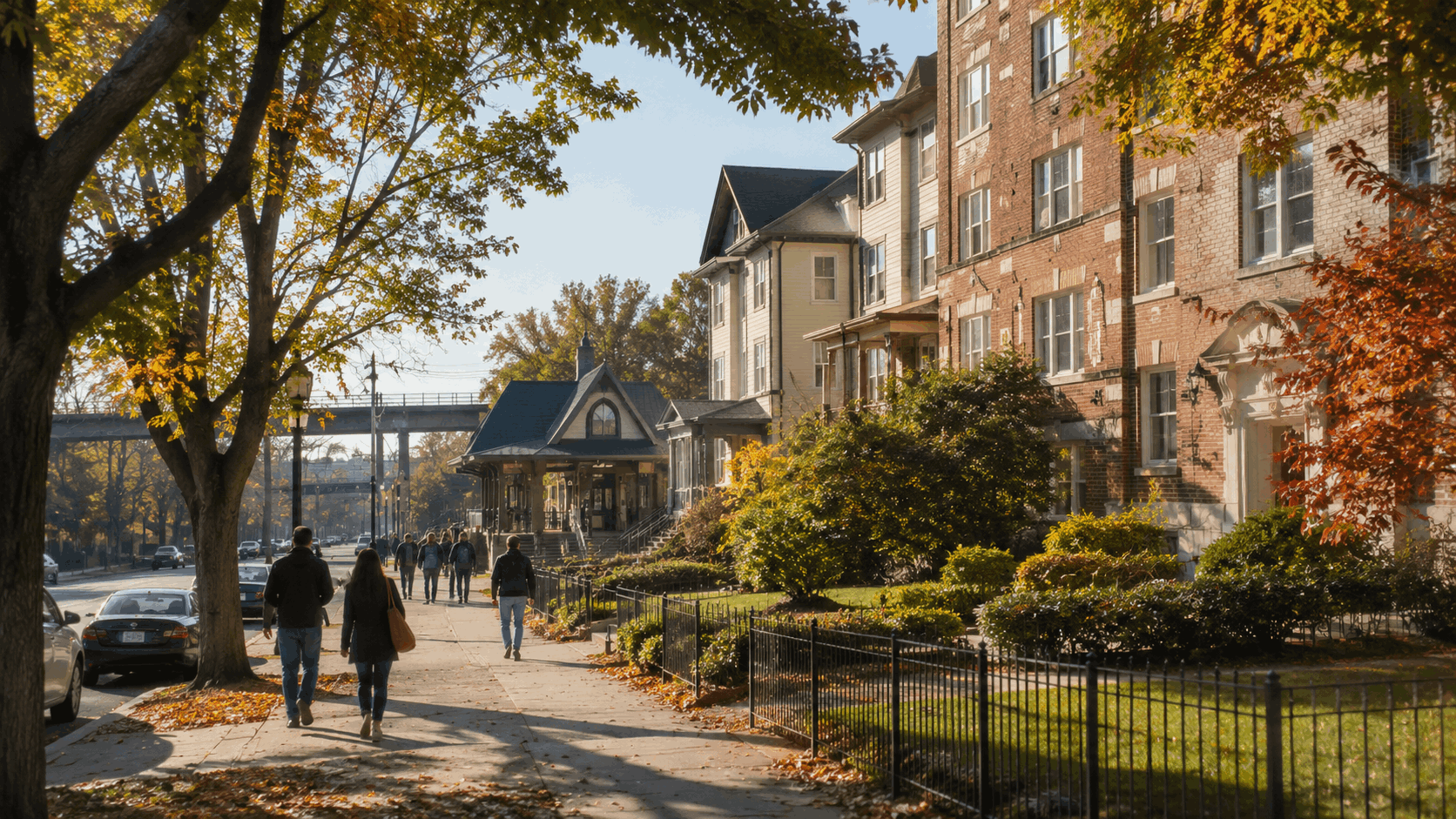 Residents walk toward the Passaic Park train station along a tree-lined neighborhood with classic homes, brick apartment buildings, landscaped sidewalks, and early autumn foliage.