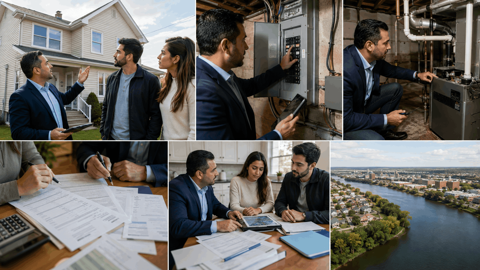 North Jersey homebuyer and insurance professional review a Passaic, NJ property during due diligence, checking roof condition, electrical panel, heating equipment, tax documents, and a flood-zone map with the Passaic River in the distance.