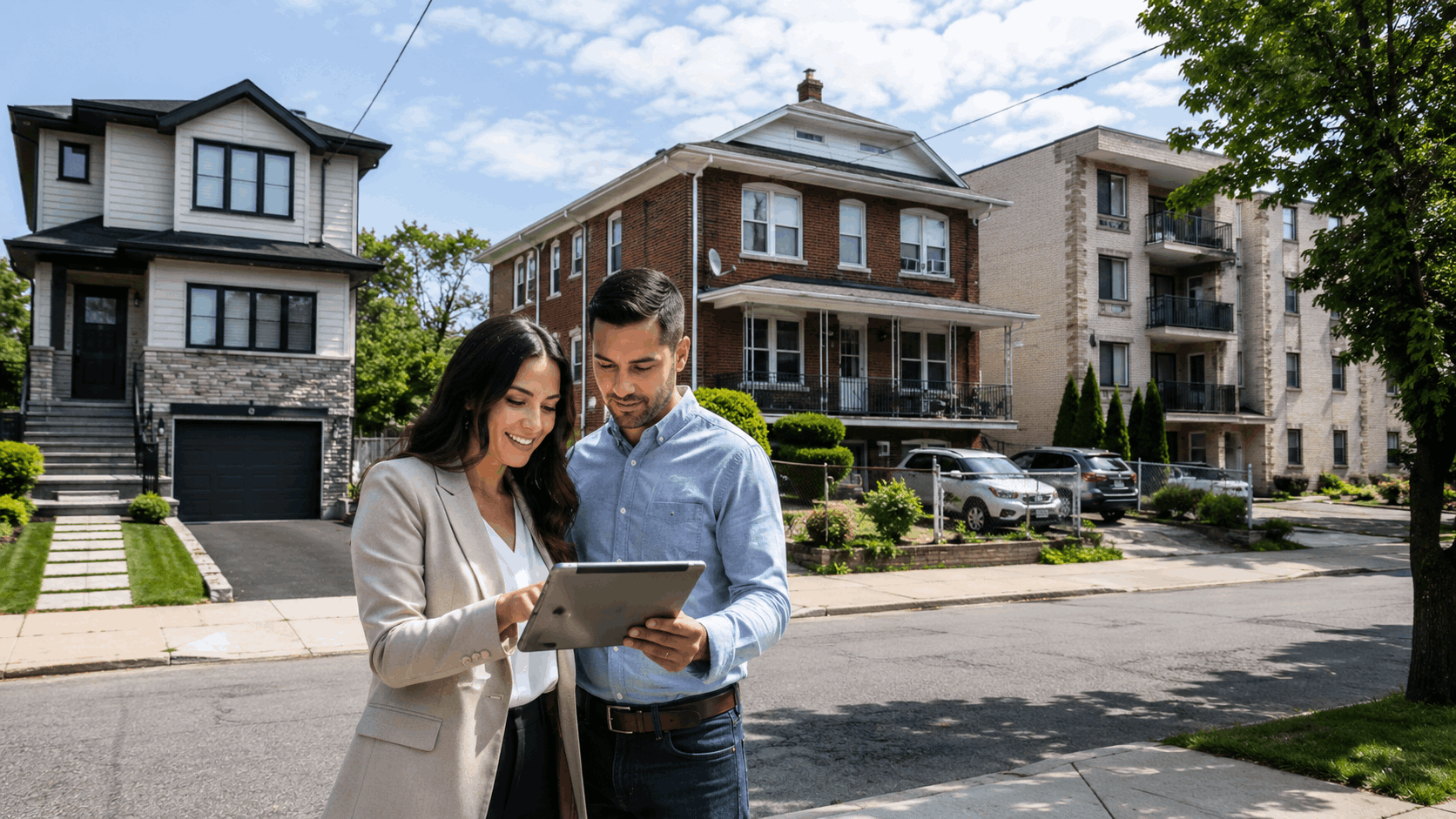 North Jersey homebuyer and real estate professional review Passaic NJ property options on a tablet, with a single-family home, brick two-family house, and small condominium building in the background.