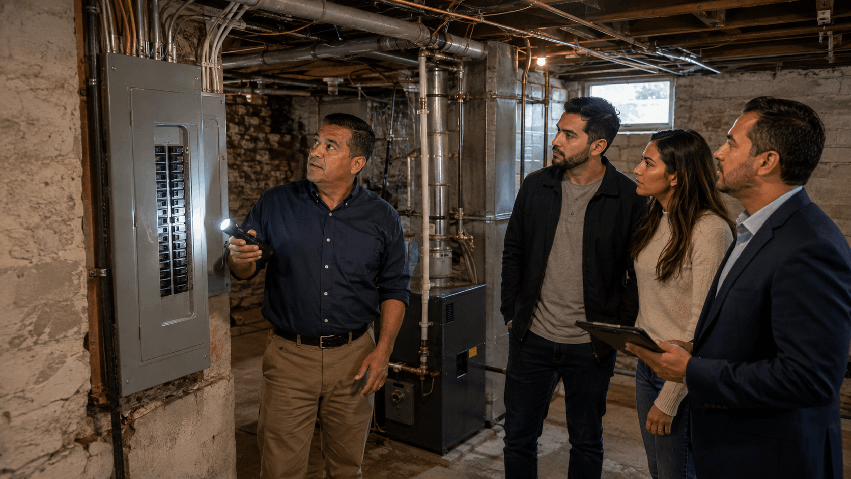 Professional home inspector explains the electrical panel, heating system, plumbing, foundation, and moisture concerns to first-time buyers and their real estate agent in the basement of an older Passaic, NJ home.
