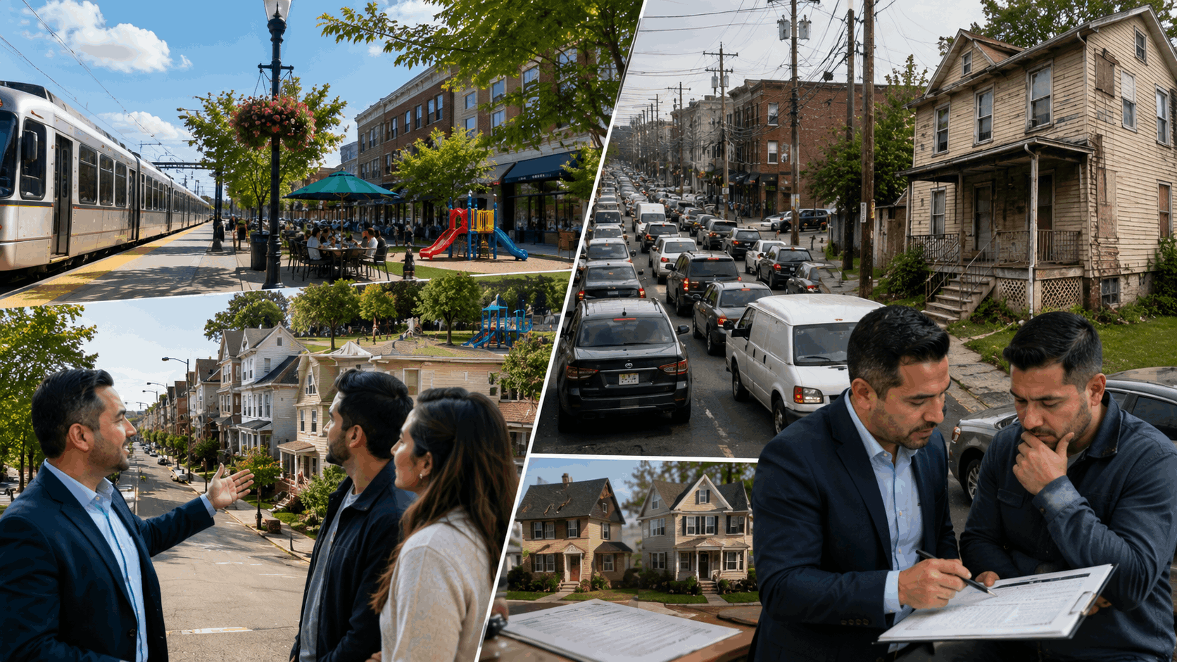 Split-scene view of life in Passaic, NJ, showing transit, shops, parks, and housing choices on one side, and traffic, limited parking, an older home, and a buyer reviewing insurance considerations on the other.