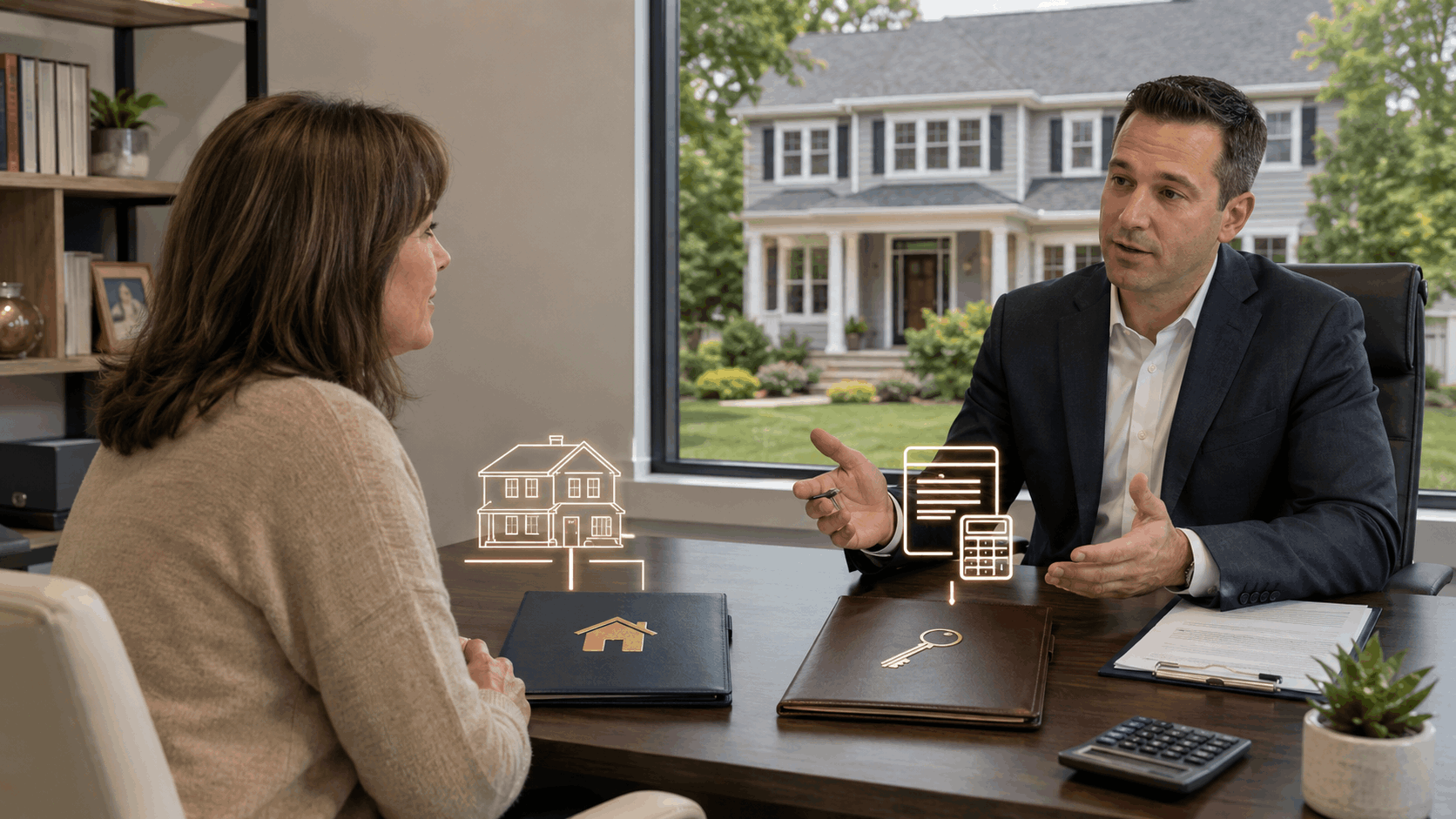 Real estate professional explaining the difference between a property deed and a mortgage obligation to a homeowner, with refinance and loan-assumption options discussed in a bright office overlooking a North Jersey home.