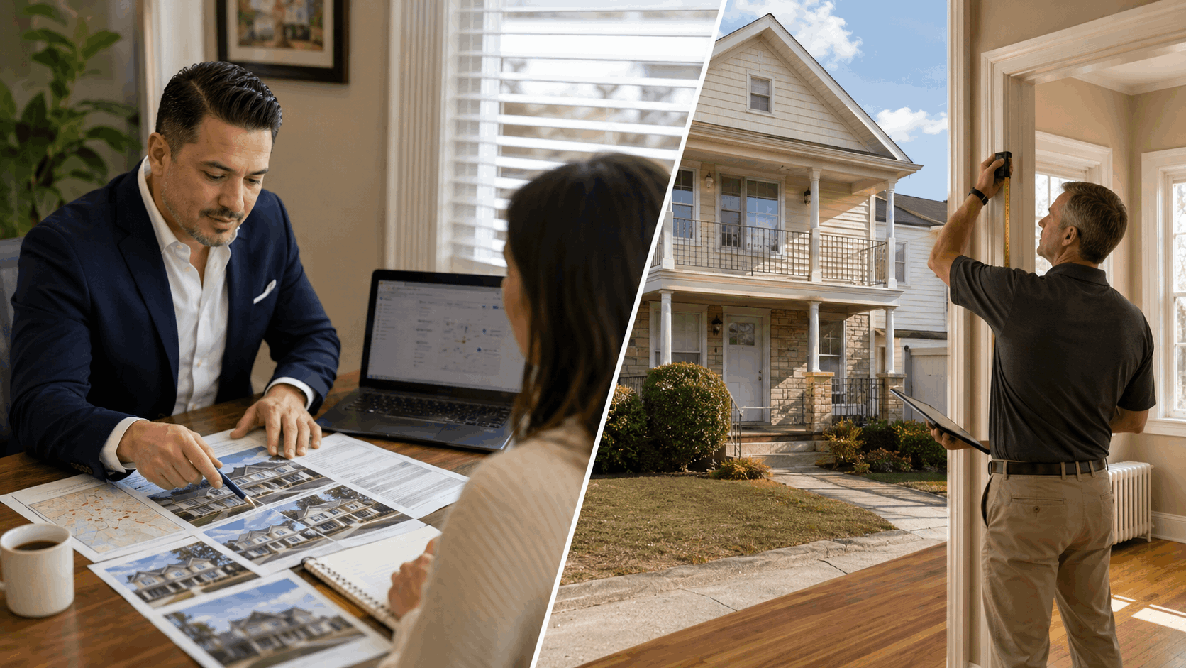 Split scene showing Johnny Rodriguez reviewing comparable sales and market data with a homeowner on one side, and a licensed appraiser measuring rooms at a North Jersey two-family home on the other.