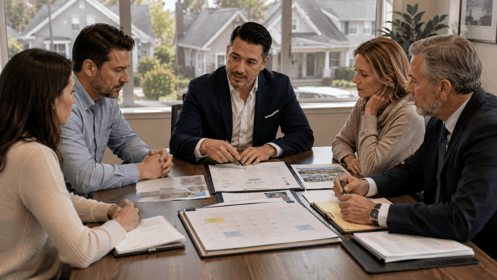 Johnny Rodriguez leads a neutral divorce property sale meeting with two homeowners and their attorneys, reviewing timelines, showing procedures, and offer deadlines in a North Jersey office.