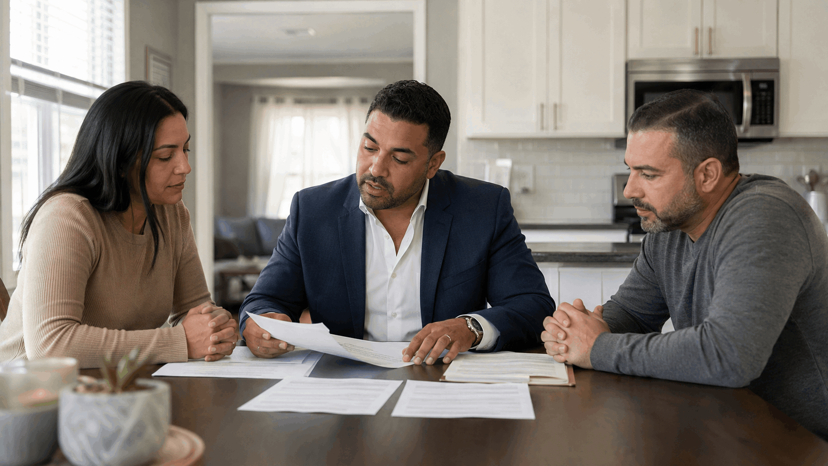 Johnny Rodriguez reviews a home valuation and selling costs with divorcing homeowners during a private North Jersey real estate consultation.