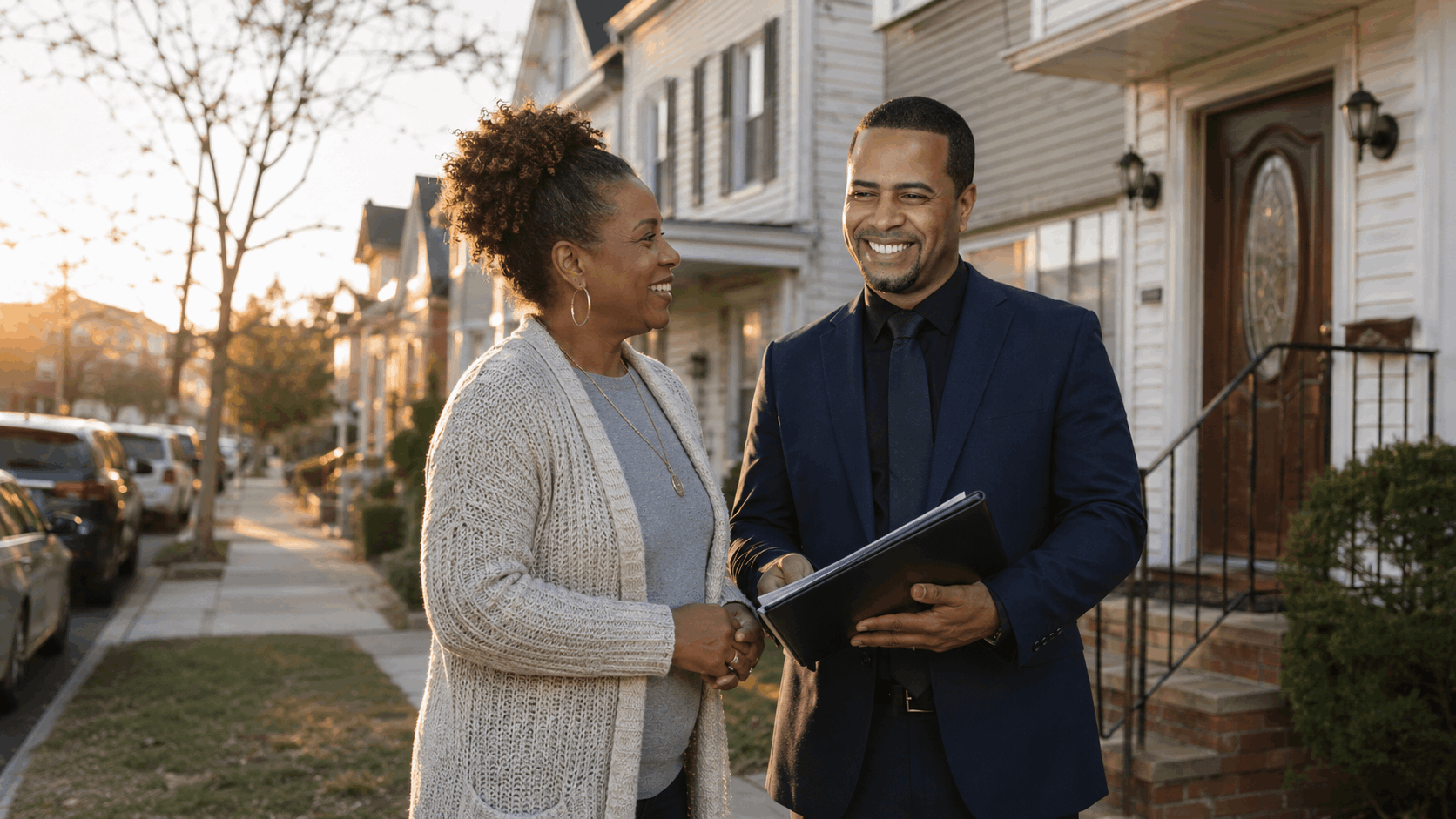 Johnny Rodriguez helps a North Jersey homeowner review a clear property plan outside a Passaic County home at sunset.