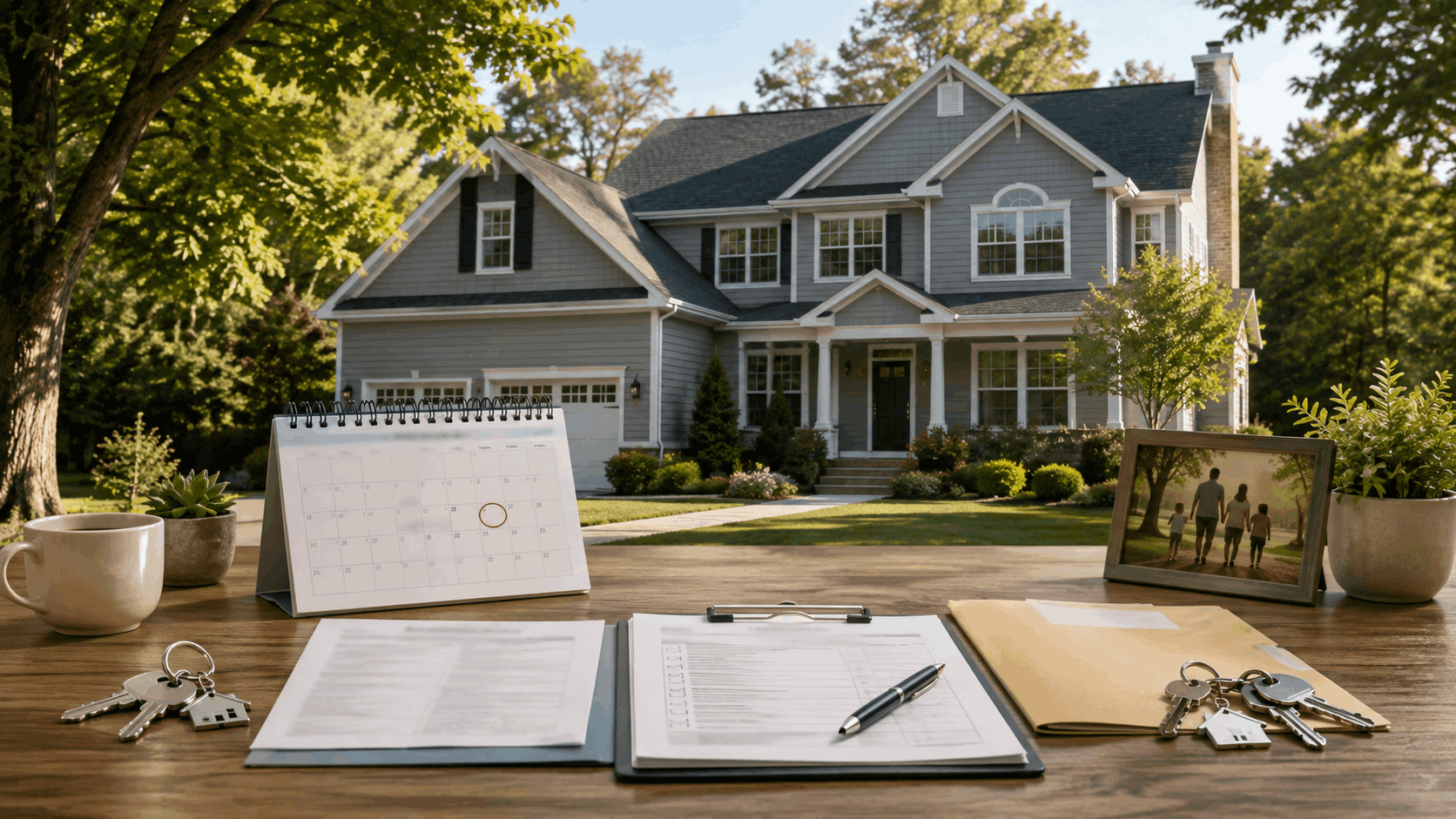 North Jersey home with a calendar, mortgage and maintenance documents, insurance folder, and two sets of keys representing temporary joint ownership.