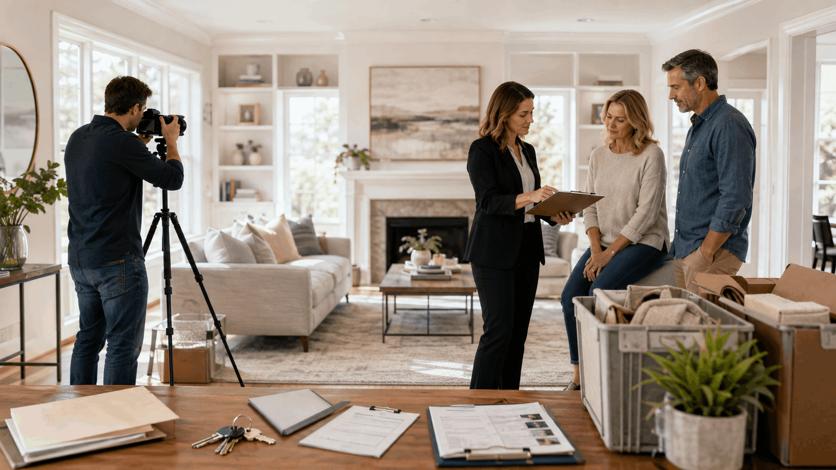 North Jersey homeowners prepare a marital home for sale with a real estate agent and photographer in a bright staged living room.