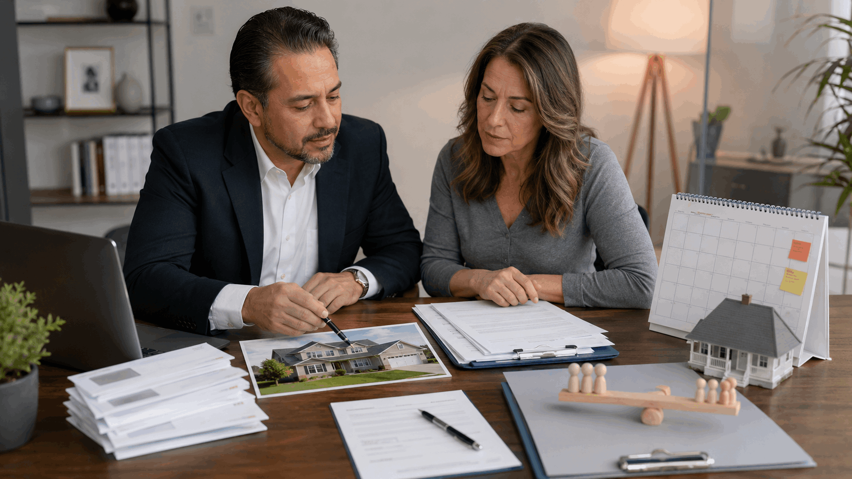 Johnny Rodriguez helps a North Jersey homeowner organize mortgage notices, documents, a home photo, and a deadline calendar during a distressed property consultation.